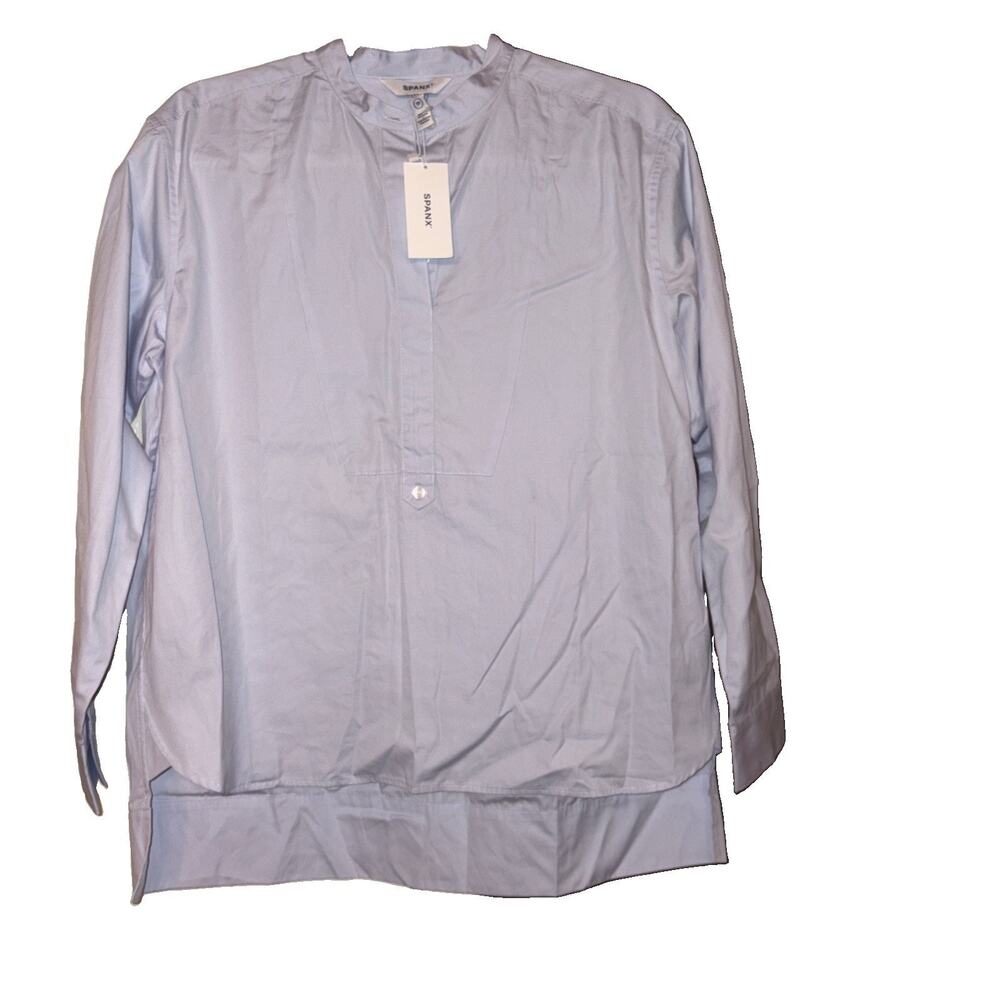 NWT Spanx Womens Blue Poplin Tuxedo Pullover Tunic Shirt XS